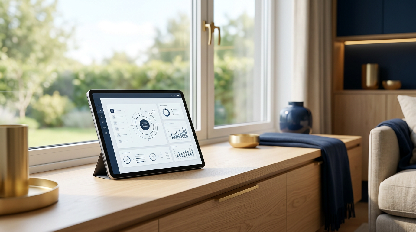 明るいリビングの窓際に置かれたPath-Flow診断画面のタブレット