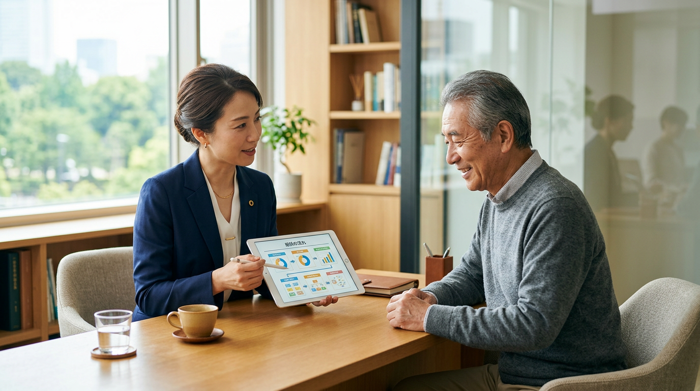 専門家が顧客に寄り添い、タブレットでアドバイスする商談シーン